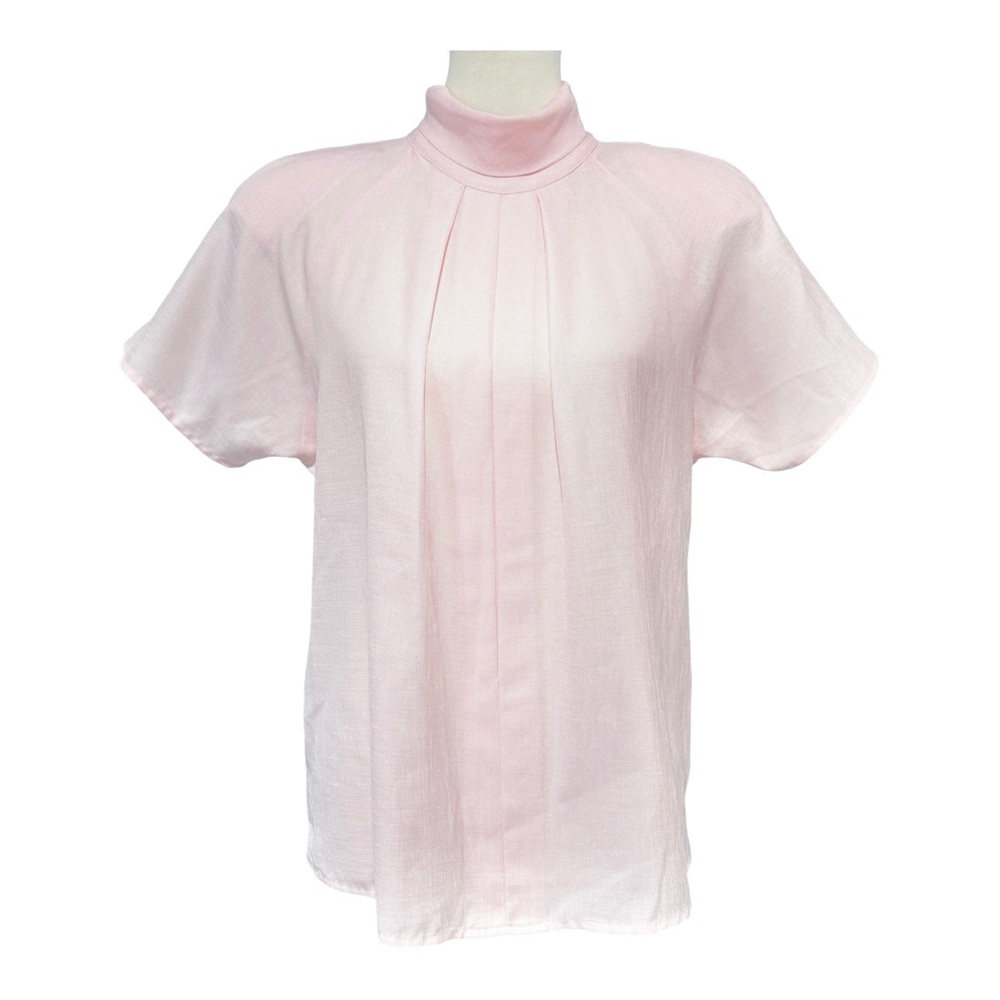 High Collar Pleated Soft Pink Top, Short Sleeved, Size M by Michelle Stuart